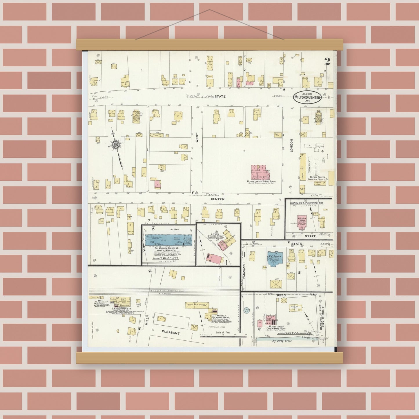 Old map wall art mockup — magnetic wood frame on brick wall — Sanborn Fire Insurance Map from Milford Center, Union County, Ohio (1911), Sheet #0002
