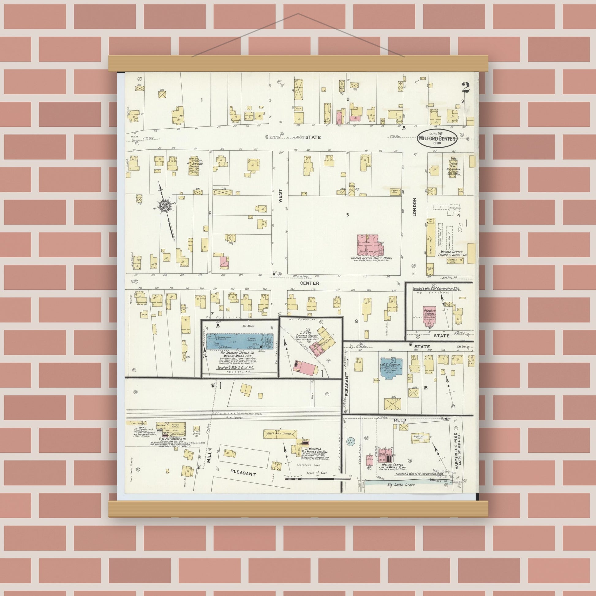 Old map wall art mockup — magnetic wood frame on brick wall — Sanborn Fire Insurance Map from Milford Center, Union County, Ohio (1911), Sheet #0002