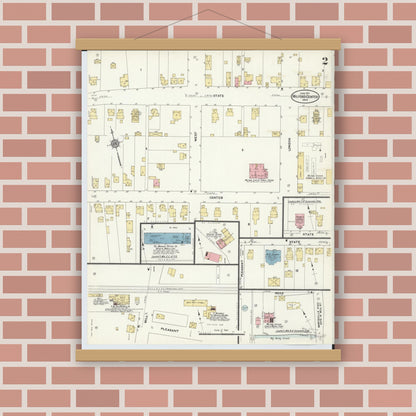 Old map wall art mockup — magnetic wood frame on brick wall — Sanborn Fire Insurance Map from Milford Center, Union County, Ohio (1911), Sheet #0002