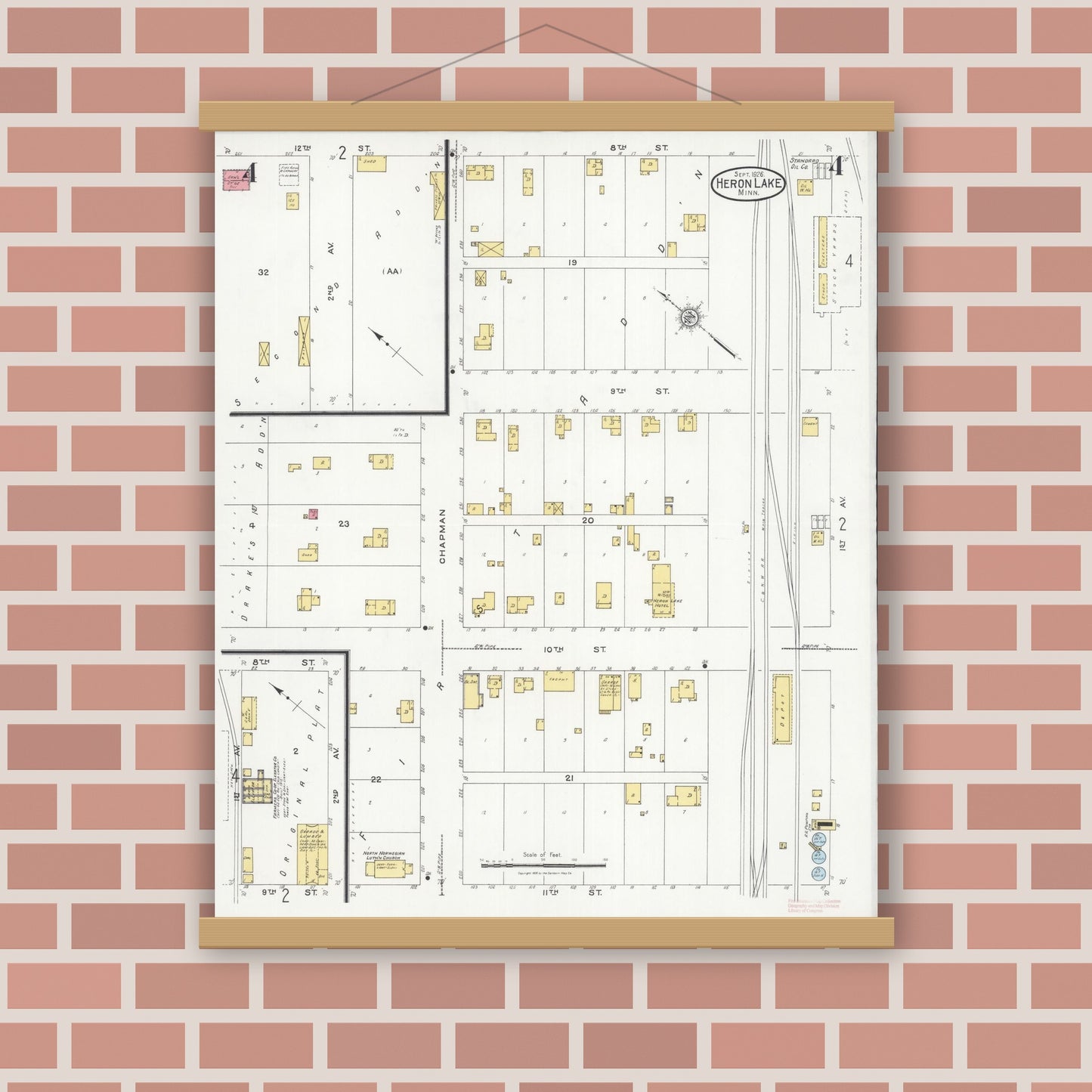 Old map wall art mockup — magnetic wood frame on brick wall — Sanborn Fire Insurance Map from Heron Lake, Jackson County, Minnesota (1926), Sheet #0004