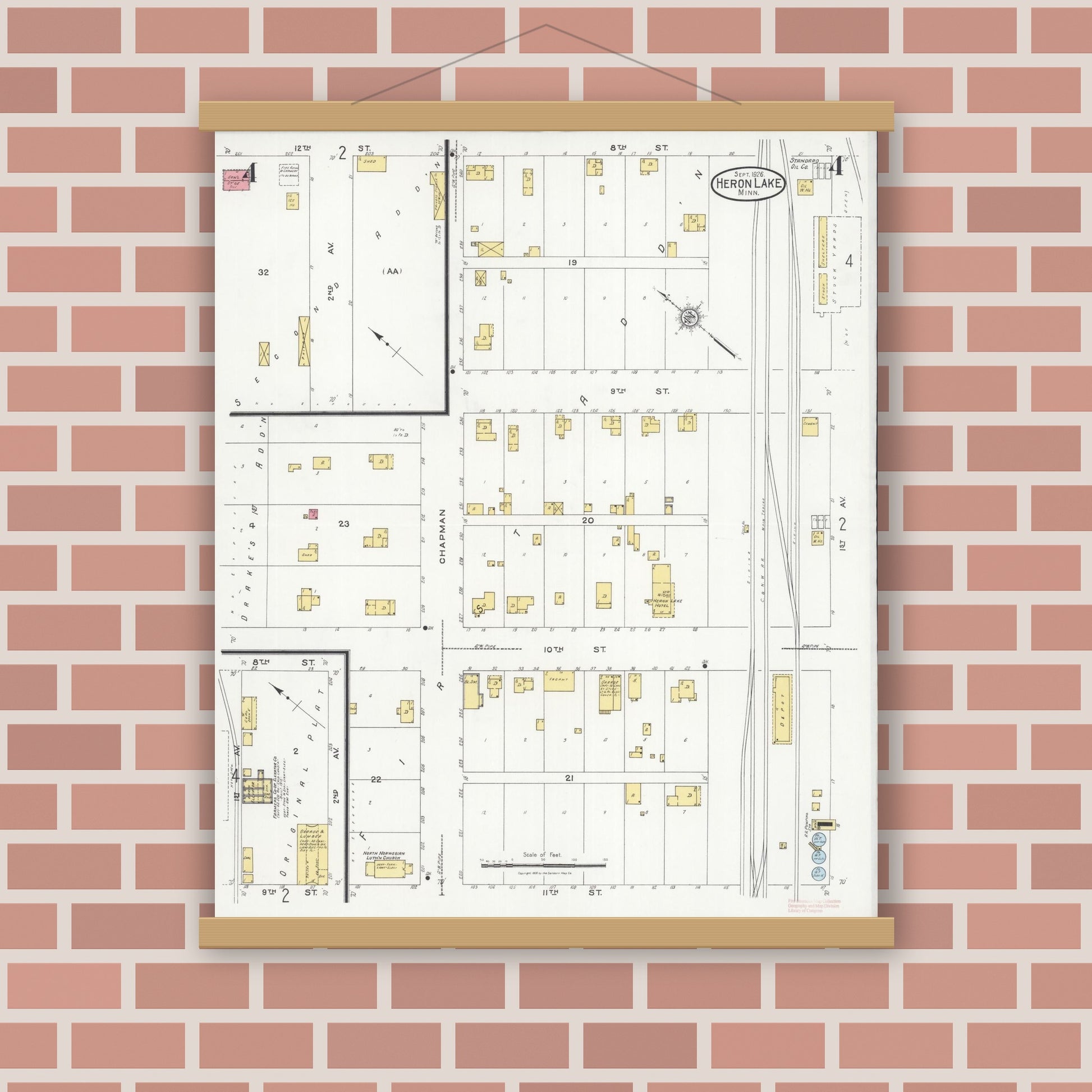 Old map wall art mockup — magnetic wood frame on brick wall — Sanborn Fire Insurance Map from Heron Lake, Jackson County, Minnesota (1926), Sheet #0004