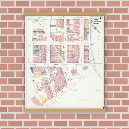 Old map wall art mockup — magnetic wood frame on brick wall — Sanborn Fire Insurance Map from Mount Clemens, Macomb County, Michigan (1909), Sheet #0004