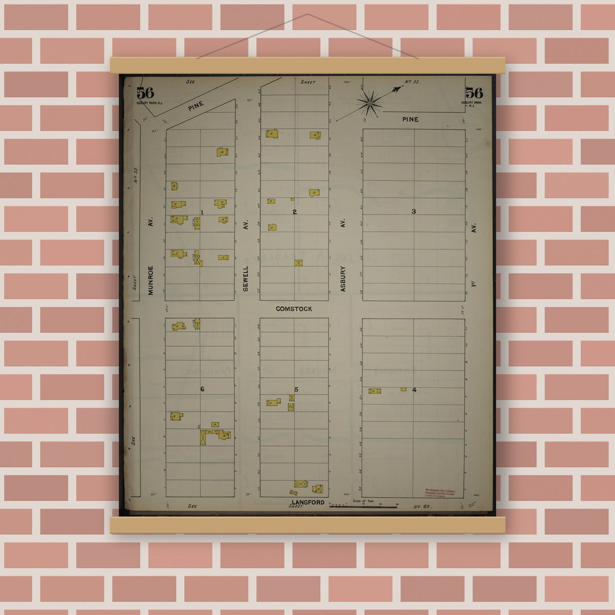 Old map wall art mockup — magnetic wood frame on brick wall — Sanborn Fire Insurance Map from New Jersey Coast, New Jersey Coast, New Jersey (1890), Sheet #0056