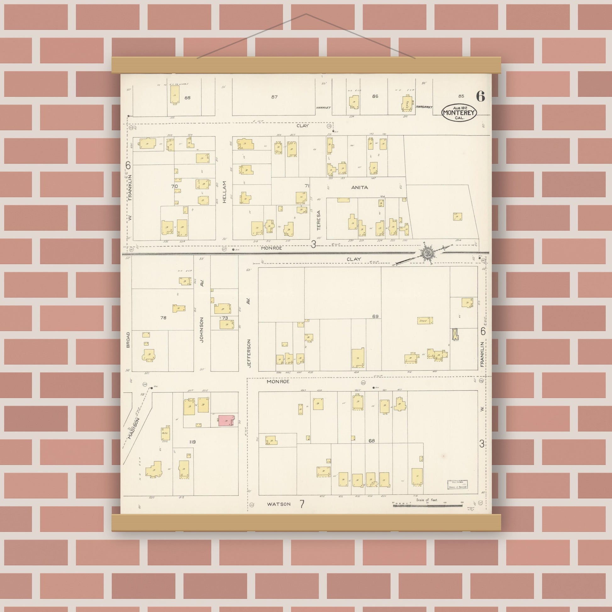 Old map wall art mockup — magnetic wood frame on brick wall — Sanborn Fire Insurance Map from Monterey, Monterey County, California (1912), Sheet #0006