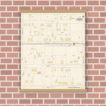 Old map wall art mockup — magnetic wood frame on brick wall — Sanborn Fire Insurance Map from Monterey, Monterey County, California (1912), Sheet #0006