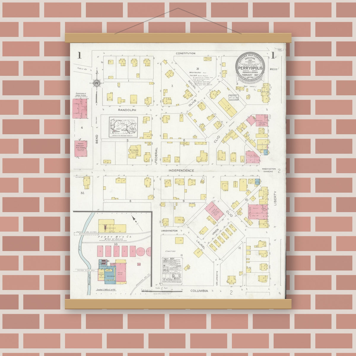 Old map wall art mockup — magnetic wood frame on brick wall — Sanborn Fire Insurance Map from Perryopolis, Fayette County, Pennsylvania (1927) - Complete Map Set
