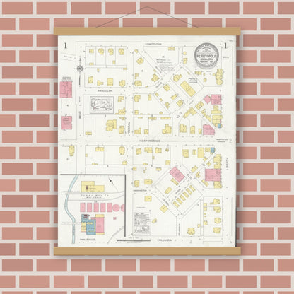 Old map wall art mockup — magnetic wood frame on brick wall — Sanborn Fire Insurance Map from Perryopolis, Fayette County, Pennsylvania (1927) - Complete Map Set
