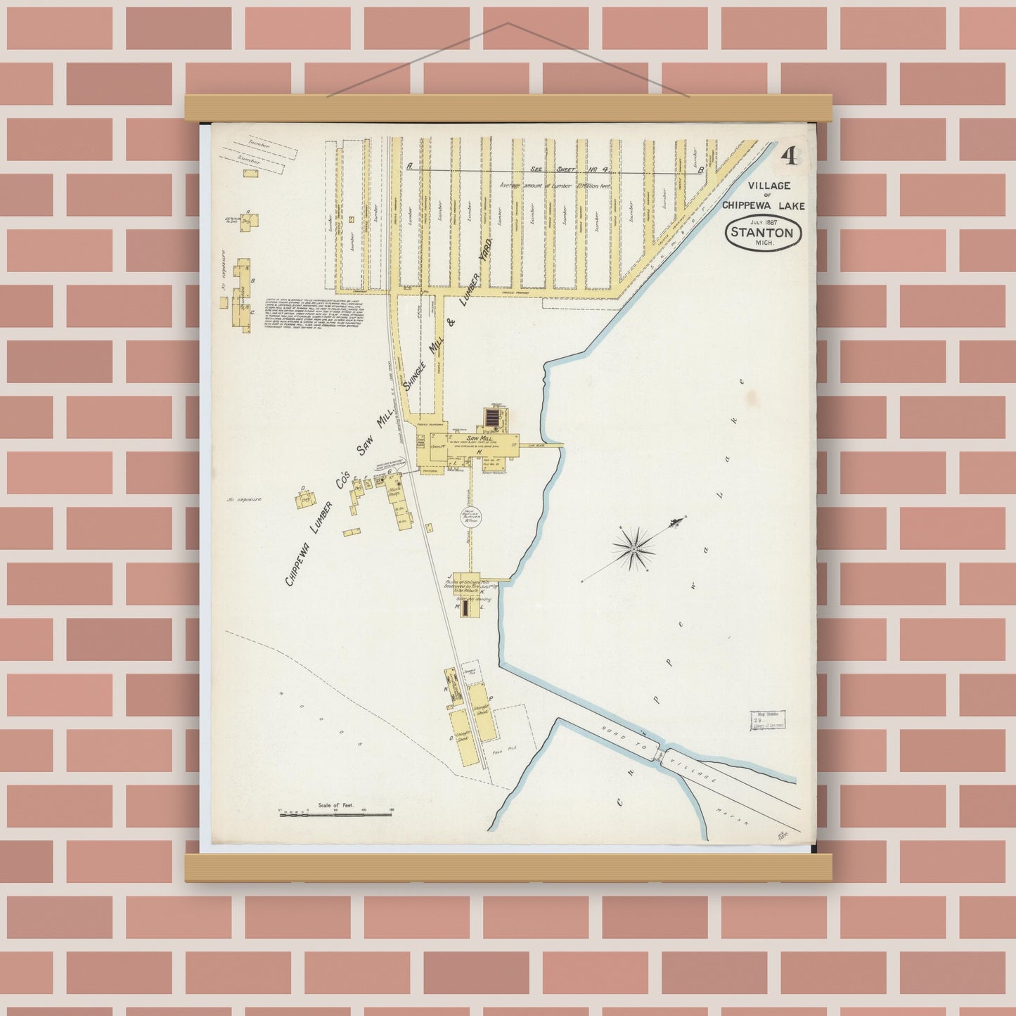 Old map wall art mockup — magnetic wood frame on brick wall — Sanborn Fire Insurance Map from Stanton, Montcalm County, Michigan (1887), Sheet #0004