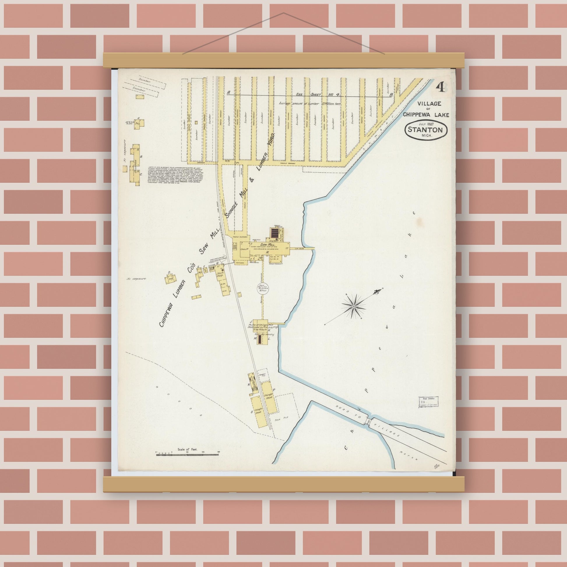 Old map wall art mockup — magnetic wood frame on brick wall — Sanborn Fire Insurance Map from Stanton, Montcalm County, Michigan (1887), Sheet #0004