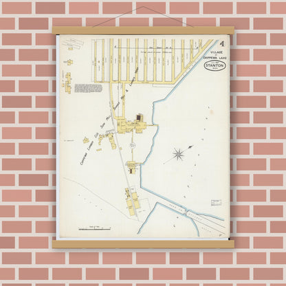 Old map wall art mockup — magnetic wood frame on brick wall — Sanborn Fire Insurance Map from Stanton, Montcalm County, Michigan (1887), Sheet #0004