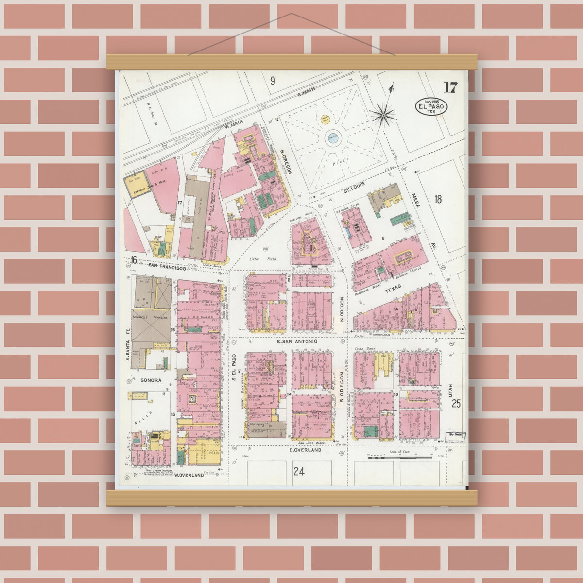Old map wall art mockup — magnetic wood frame on brick wall — Sanborn Fire Insurance Map from El Paso, El Paso County, Texas (1905), Sheet #0017