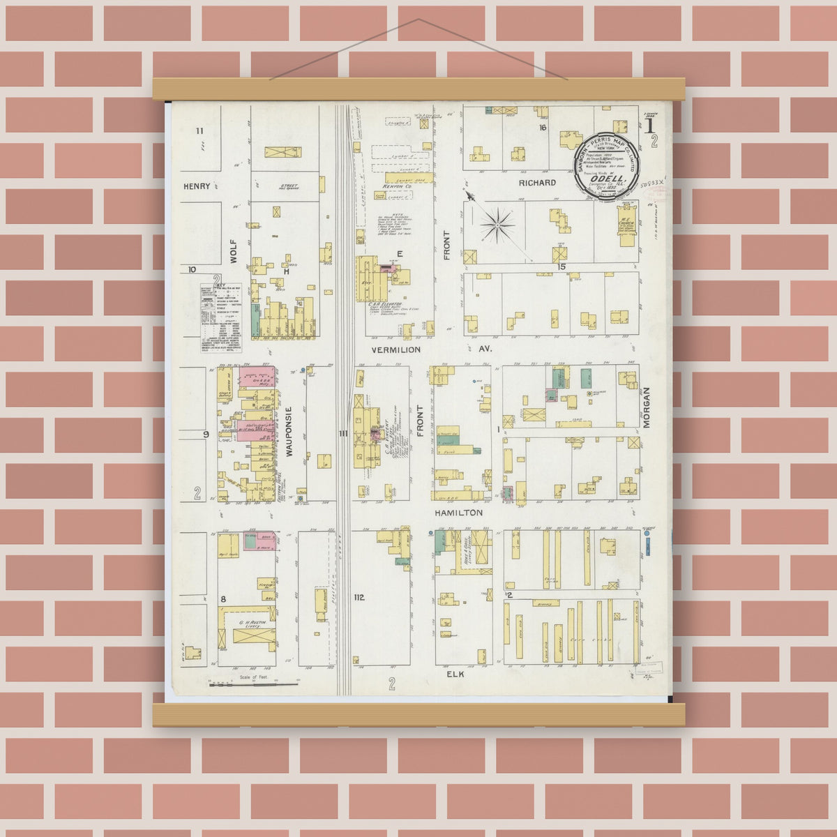 Old map wall art mockup — magnetic wood frame on brick wall — Sanborn Fire Insurance Map from Odell, Livingston County, Illinois (1892) - Complete Map Set