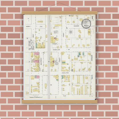 Old map wall art mockup — magnetic wood frame on brick wall — Sanborn Fire Insurance Map from Odell, Livingston County, Illinois (1892) - Complete Map Set