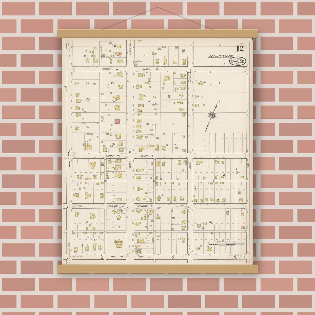 Old map wall art mockup — magnetic wood frame on brick wall — Sanborn Fire Insurance Map from Uvalde, Uvalde County, Texas (1922), Sheet #0012