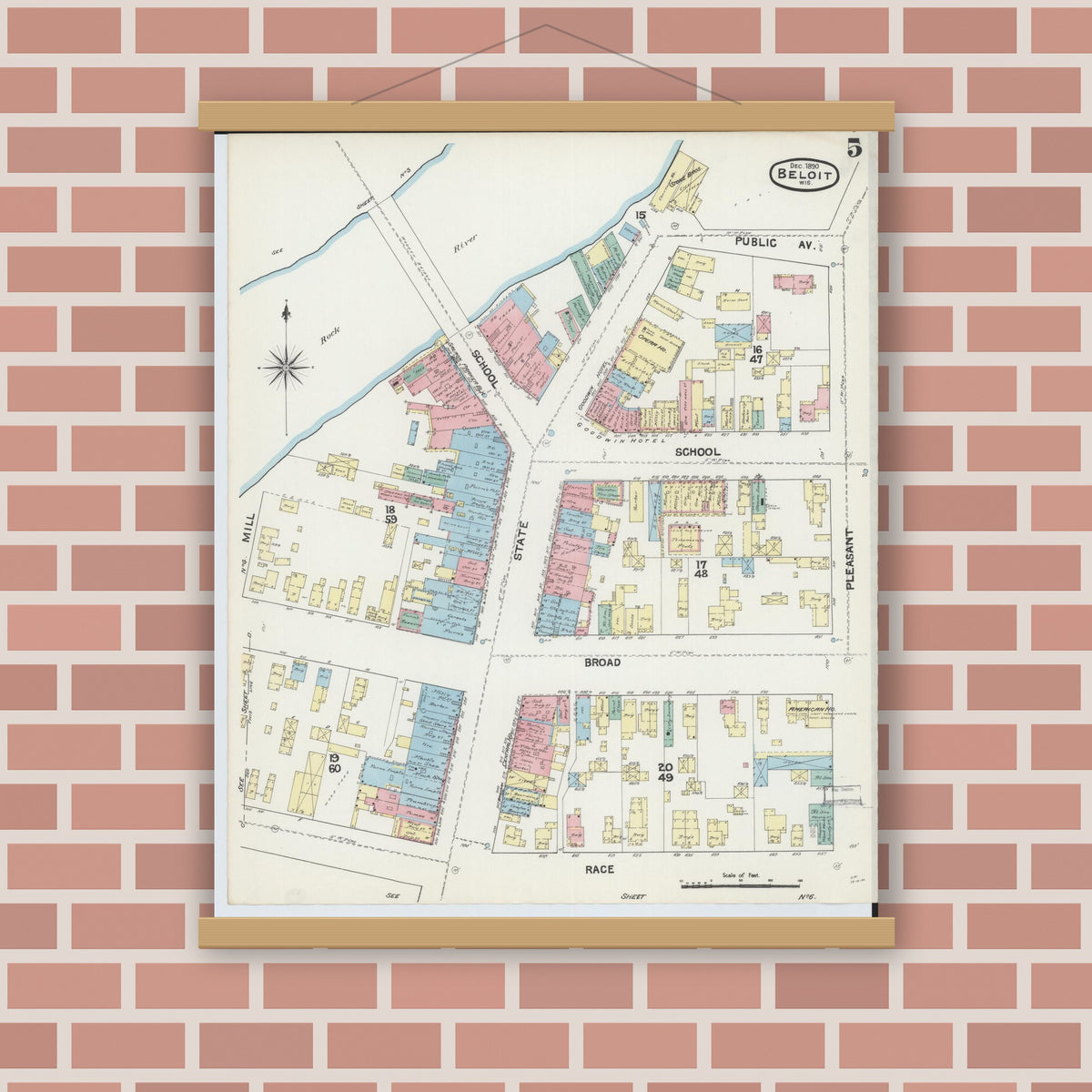 Old map wall art mockup — magnetic wood frame on brick wall — Sanborn Fire Insurance Map from Beloit, Rock County, Wisconsin (1890), Sheet #0005