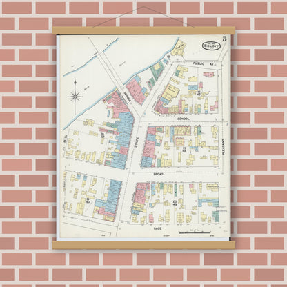 Old map wall art mockup — magnetic wood frame on brick wall — Sanborn Fire Insurance Map from Beloit, Rock County, Wisconsin (1890), Sheet #0005