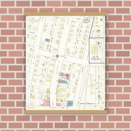 Old map wall art mockup — magnetic wood frame on brick wall — Sanborn Fire Insurance Map from Traer, Tama County, Iowa (1913), Sheet #0003