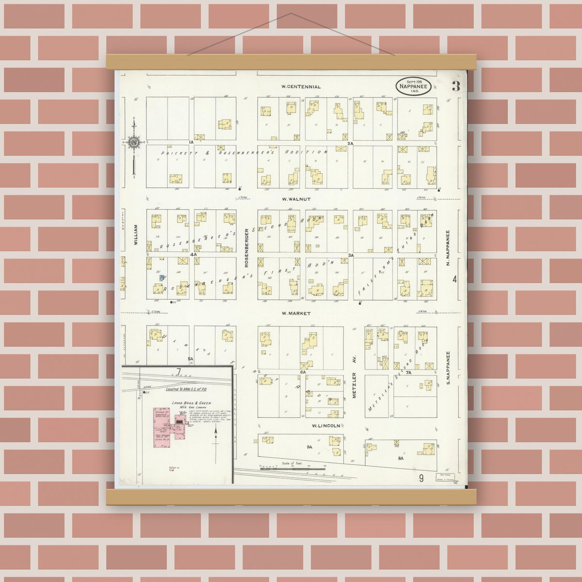 Old map wall art mockup — magnetic wood frame on brick wall — Sanborn Fire Insurance Map from Nappanee, Elkhart County, Indiana (1910), Sheet #0003