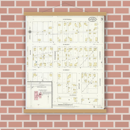 Old map wall art mockup — magnetic wood frame on brick wall — Sanborn Fire Insurance Map from Nappanee, Elkhart County, Indiana (1910), Sheet #0003