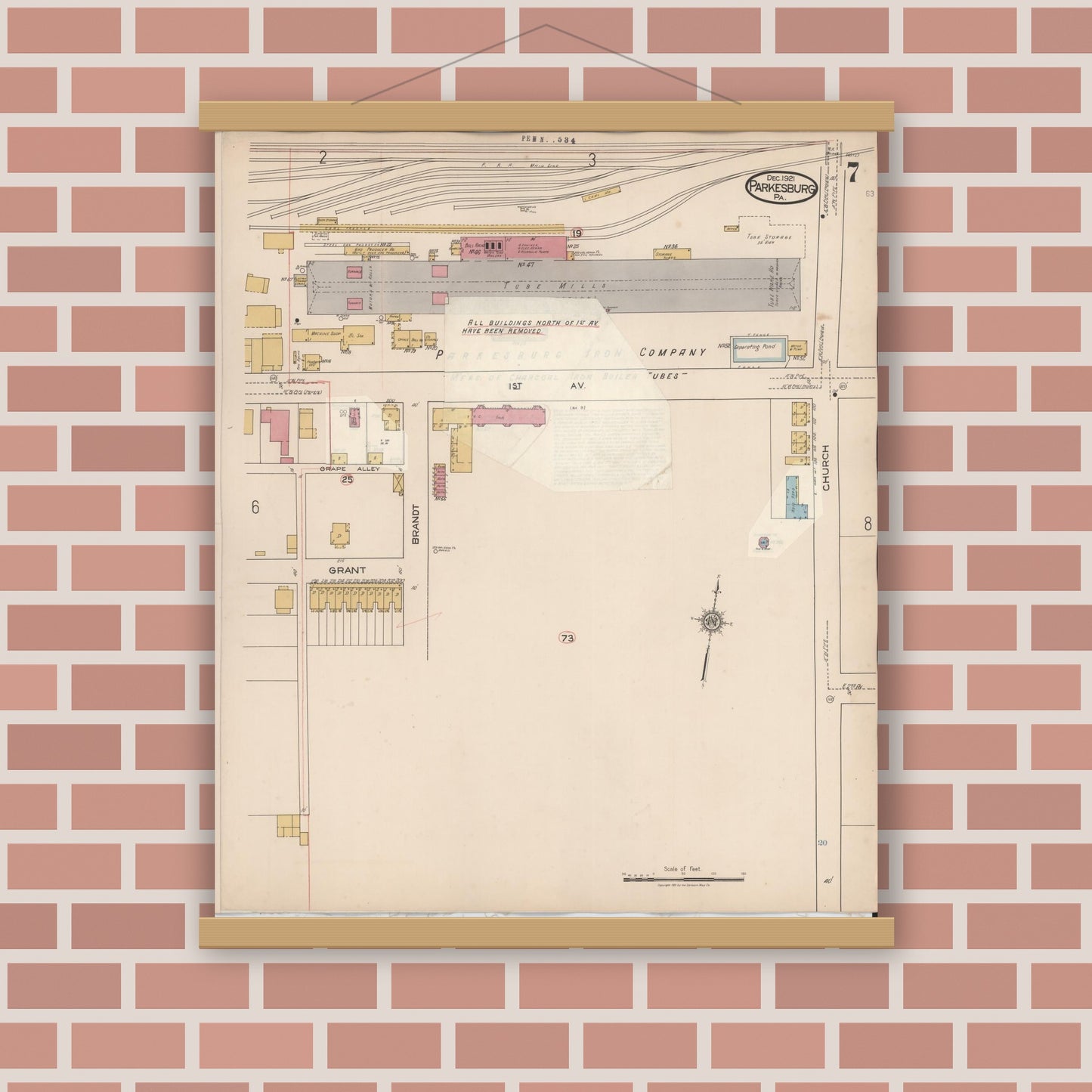 Old map wall art mockup — magnetic wood frame on brick wall — Sanborn Fire Insurance Map from Parkesburg, Chester County, Pennsylvania (1934), Sheet #0007