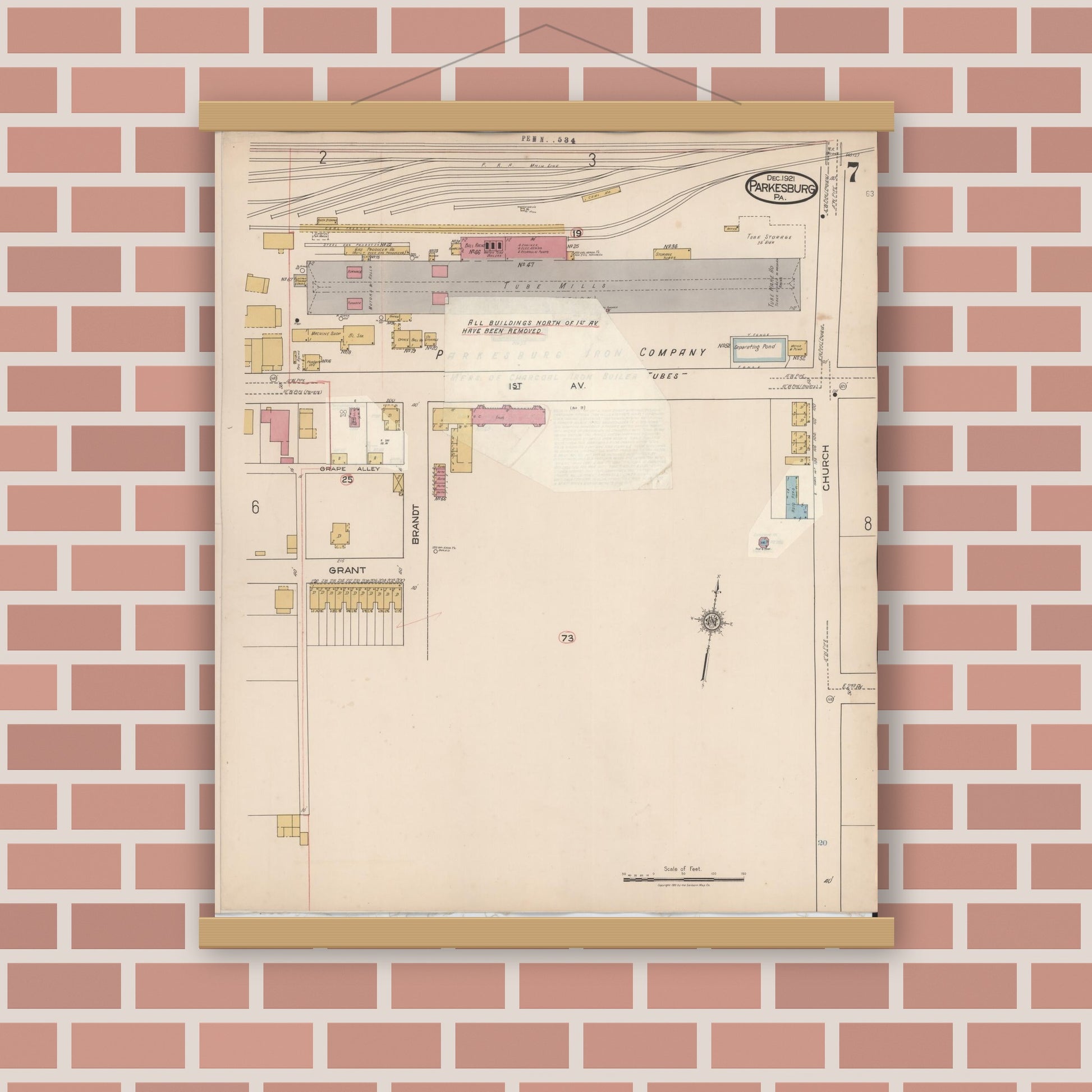 Old map wall art mockup — magnetic wood frame on brick wall — Sanborn Fire Insurance Map from Parkesburg, Chester County, Pennsylvania (1934), Sheet #0007