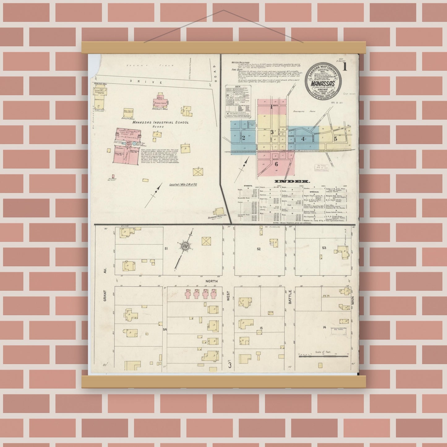 Old map wall art mockup — magnetic wood frame on brick wall — Sanborn Fire Insurance Map from Manassas, Independent Cities, Virginia (1912) - Complete Map Set