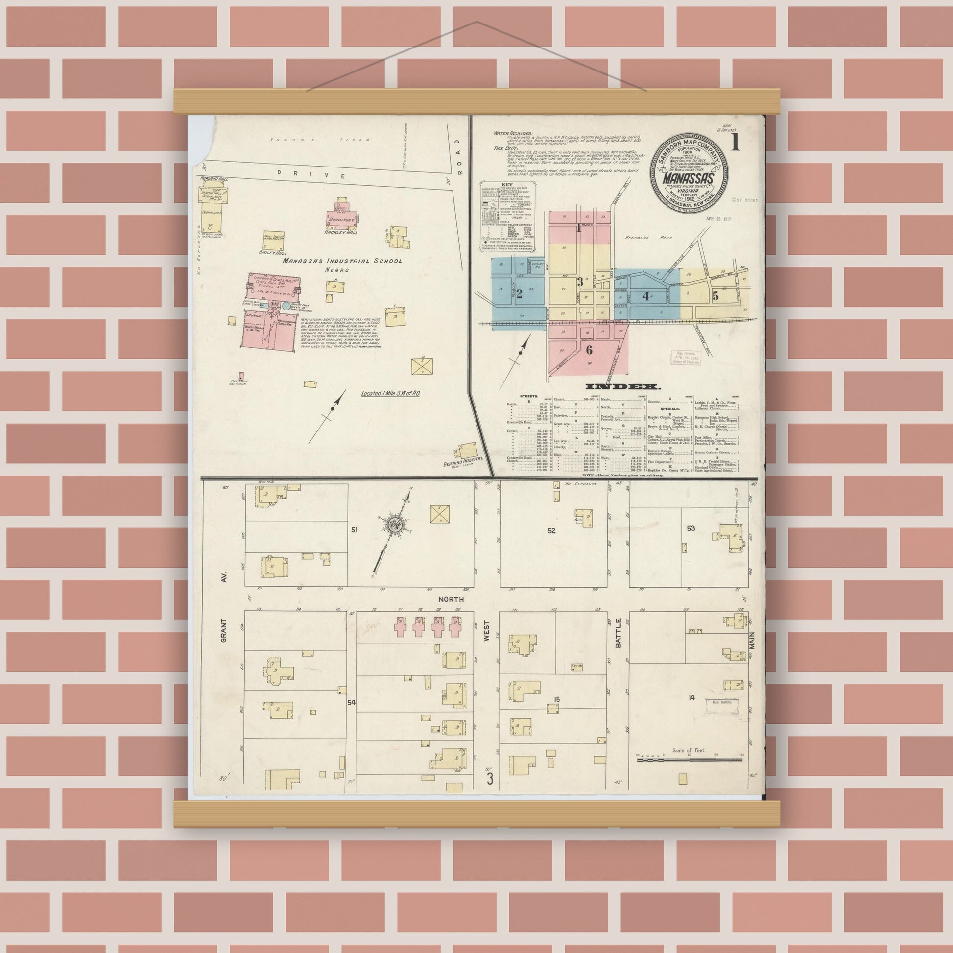 Old map wall art mockup — magnetic wood frame on brick wall — Sanborn Fire Insurance Map from Manassas, Independent Cities, Virginia (1912) - Complete Map Set