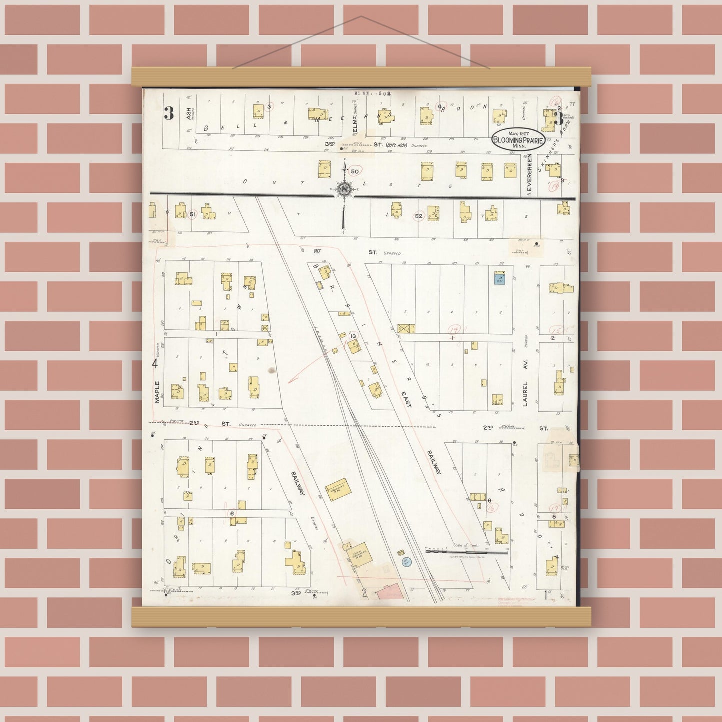 Old map wall art mockup — magnetic wood frame on brick wall — Sanborn Fire Insurance Map from Blooming Prairie, Steele County, Minnesota (1937), Sheet #0003