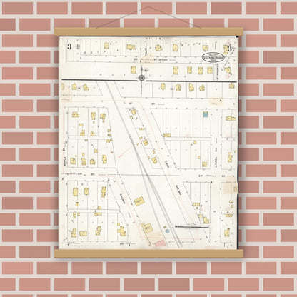 Old map wall art mockup — magnetic wood frame on brick wall — Sanborn Fire Insurance Map from Blooming Prairie, Steele County, Minnesota (1937), Sheet #0003
