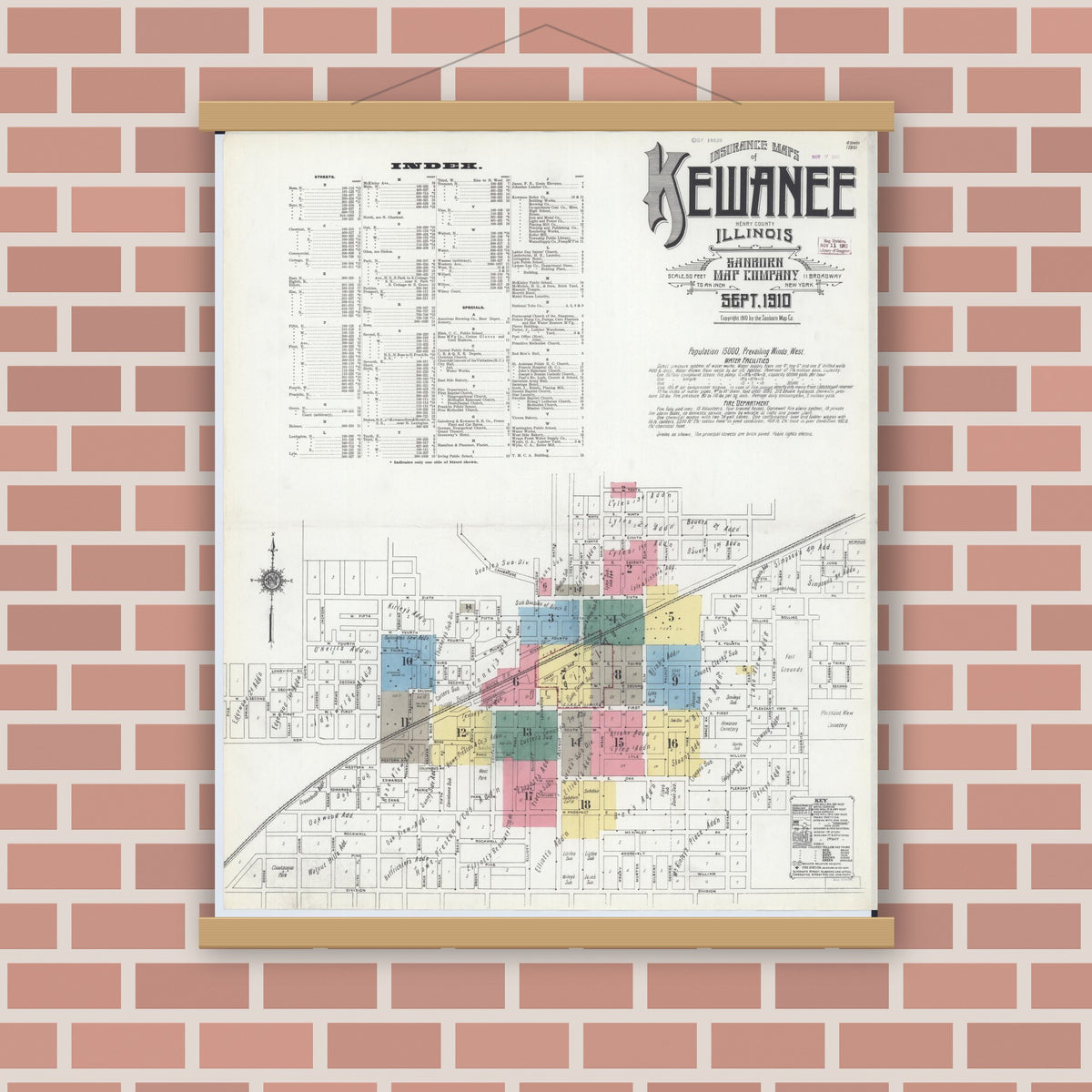Old map wall art mockup — magnetic wood frame on brick wall — Sanborn Fire Insurance Map from Kewanee, Henry County, Illinois (1910) - Complete Map Set