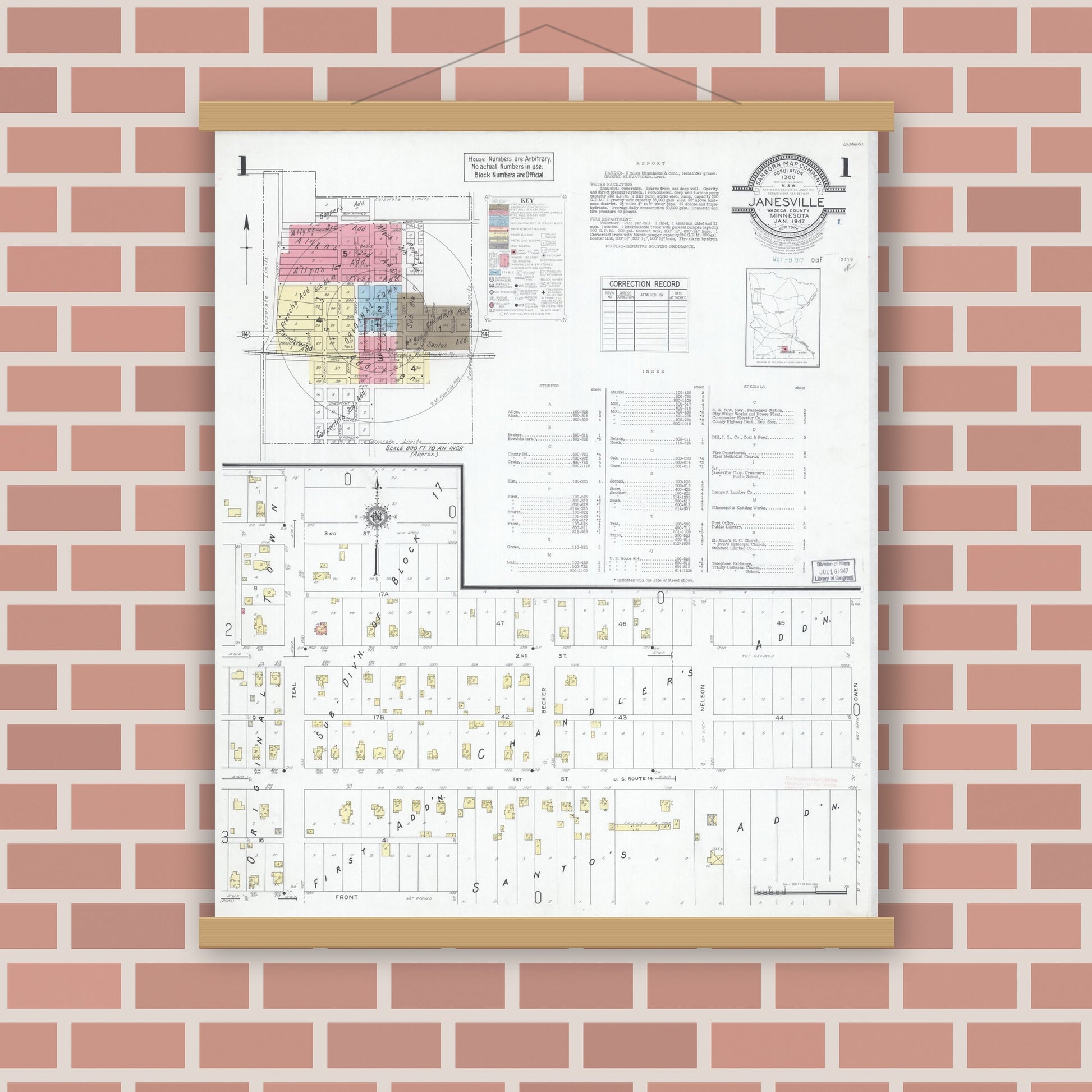 Old map wall art mockup — magnetic wood frame on brick wall — Sanborn Fire Insurance Map from Janesville, Waseca County, Minnesota (1947) - Complete Map Set