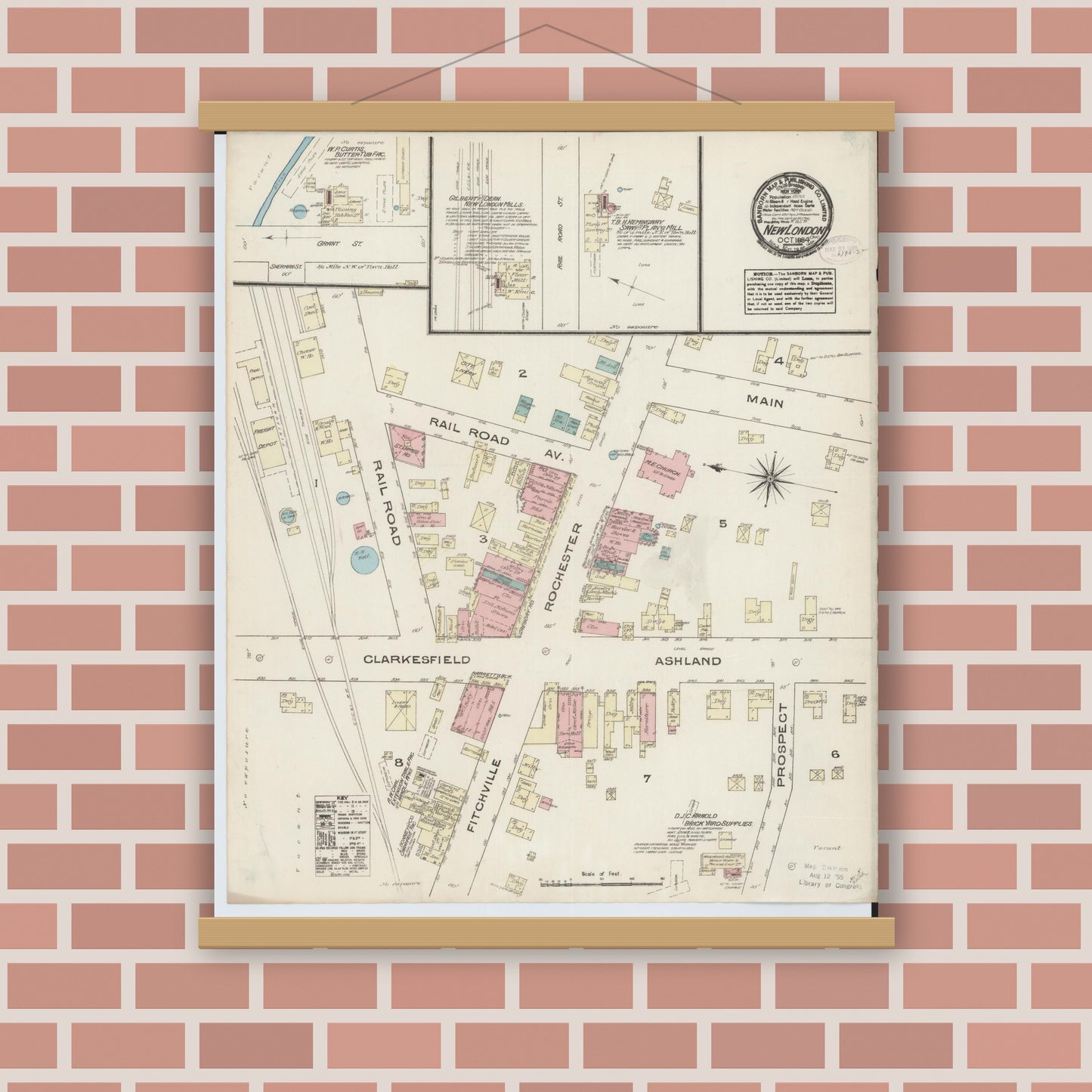 Old map wall art mockup — magnetic wood frame on brick wall — Sanborn Fire Insurance Map from New London, Huron County, Ohio (1884), Sheet #0001