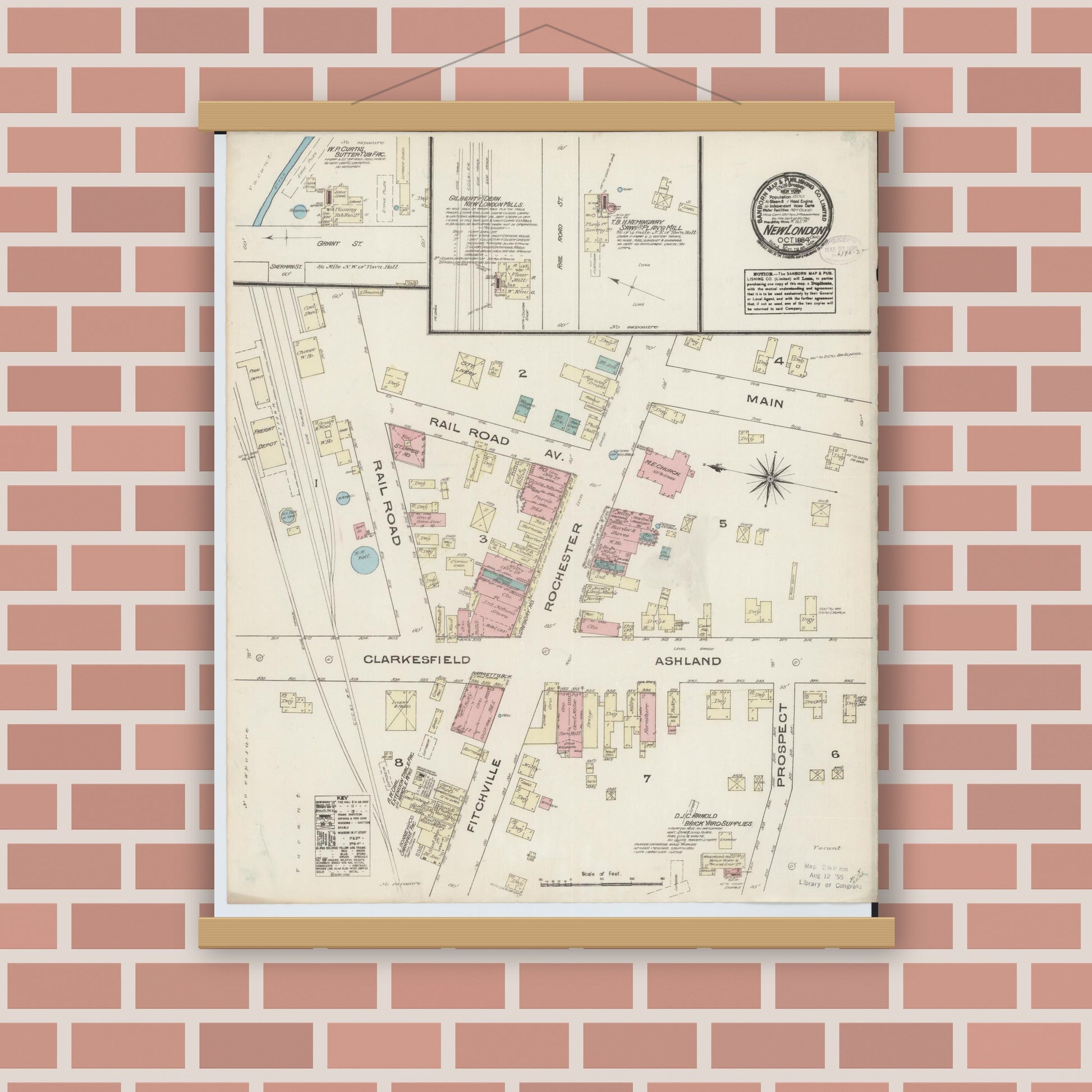 Old map wall art mockup — magnetic wood frame on brick wall — Sanborn Fire Insurance Map from New London, Huron County, Ohio (1884), Sheet #0001