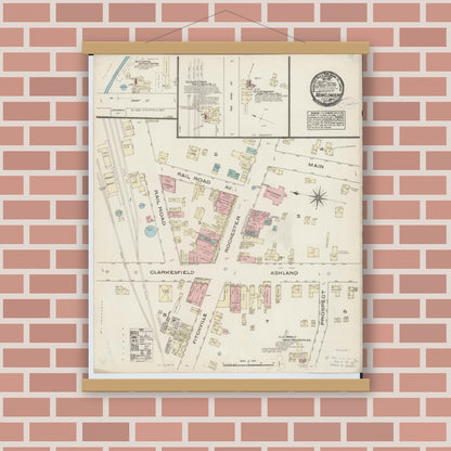 Old map wall art mockup — magnetic wood frame on brick wall — Sanborn Fire Insurance Map from New London, Huron County, Ohio (1884), Sheet #0001