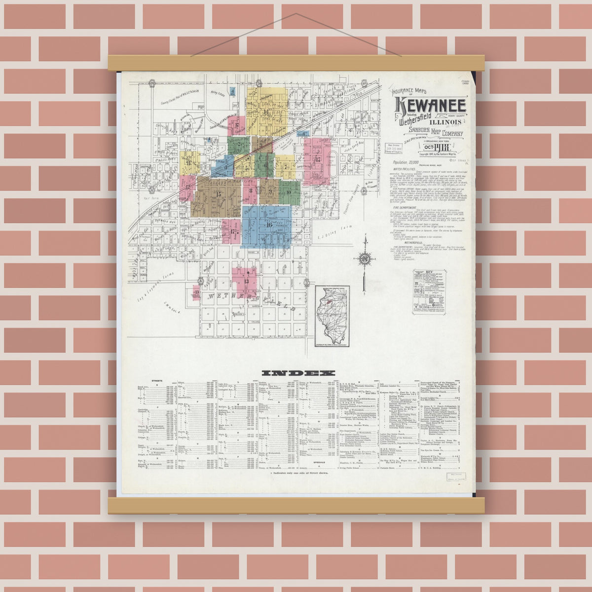 Old map wall art mockup — magnetic wood frame on brick wall — Sanborn Fire Insurance Map from Kewanee, Henry County, Illinois (1918) - Complete Map Set