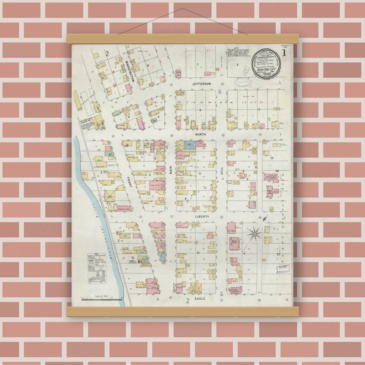 Old map wall art mockup — magnetic wood frame on brick wall — Sanborn Fire Insurance Map from Fountain City, Buffalo County, Wisconsin (1898), Sheet #0001