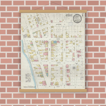 Old map wall art mockup — magnetic wood frame on brick wall — Sanborn Fire Insurance Map from Fountain City, Buffalo County, Wisconsin (1898), Sheet #0001