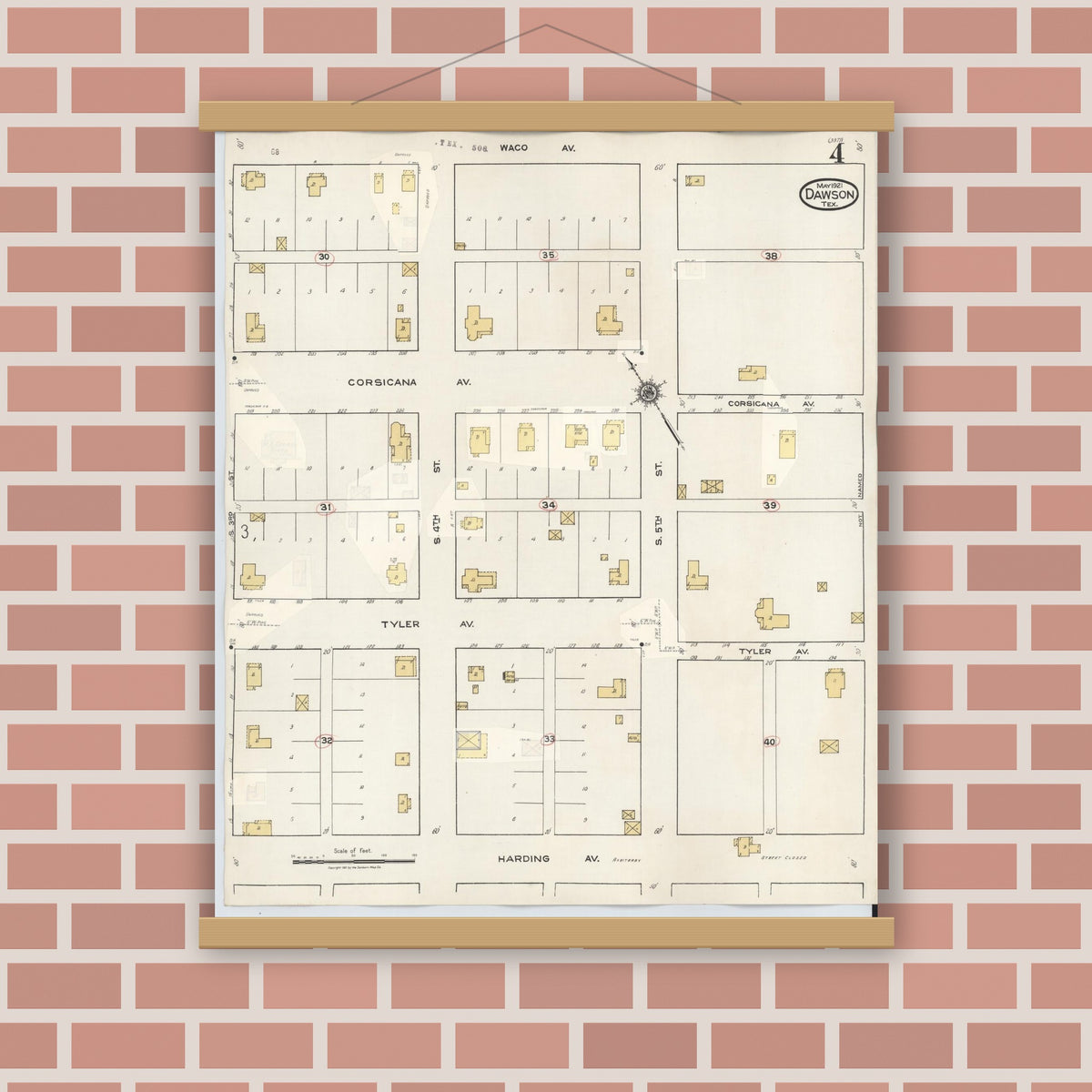 Old map wall art mockup — magnetic wood frame on brick wall — Sanborn Fire Insurance Map from Dawson, Navarro County, Texas (1943), Sheet #0004