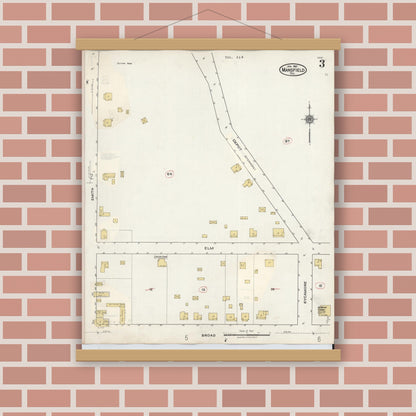 Old map wall art mockup — magnetic wood frame on brick wall — Sanborn Fire Insurance Map from Mansfield, Tarrant County, Texas (1933), Sheet #0003