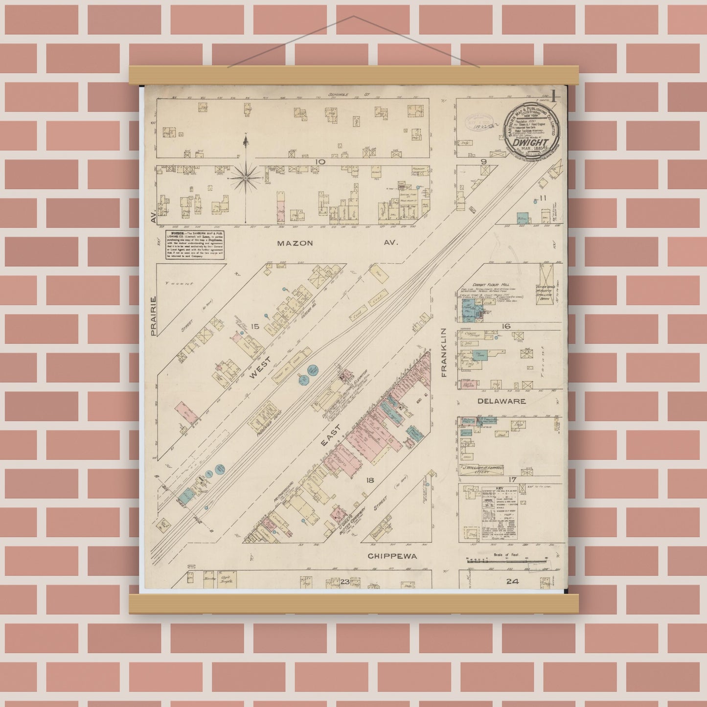 Old map wall art mockup — magnetic wood frame on brick wall — Sanborn Fire Insurance Map from Dwight, Livingston County, Illinois (1885), Sheet #0001