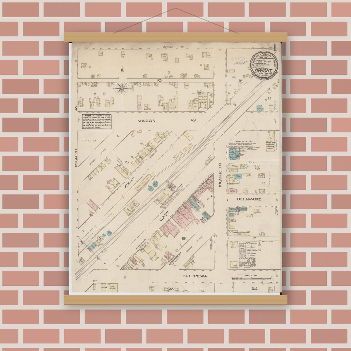 Old map wall art mockup — magnetic wood frame on brick wall — Sanborn Fire Insurance Map from Dwight, Livingston County, Illinois (1885), Sheet #0001