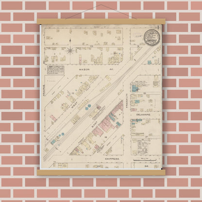 Old map wall art mockup — magnetic wood frame on brick wall — Sanborn Fire Insurance Map from Dwight, Livingston County, Illinois (1885), Sheet #0001