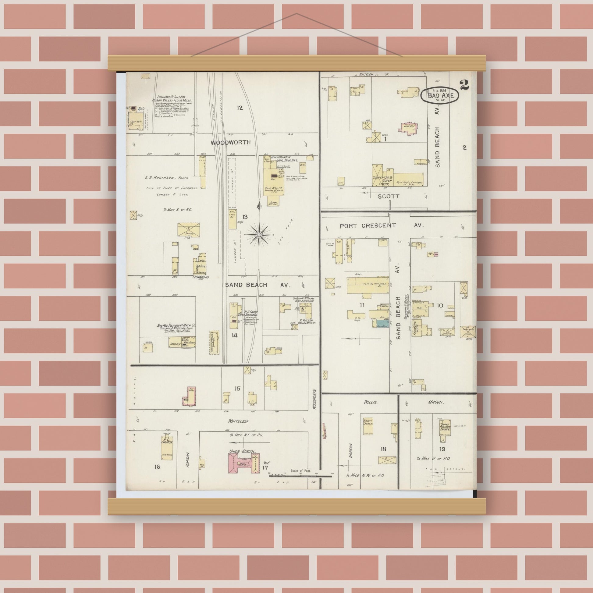 Old map wall art mockup — magnetic wood frame on brick wall — Sanborn Fire Insurance Map from Bad Axe, Huron County, Michigan (1893), Sheet #0002
