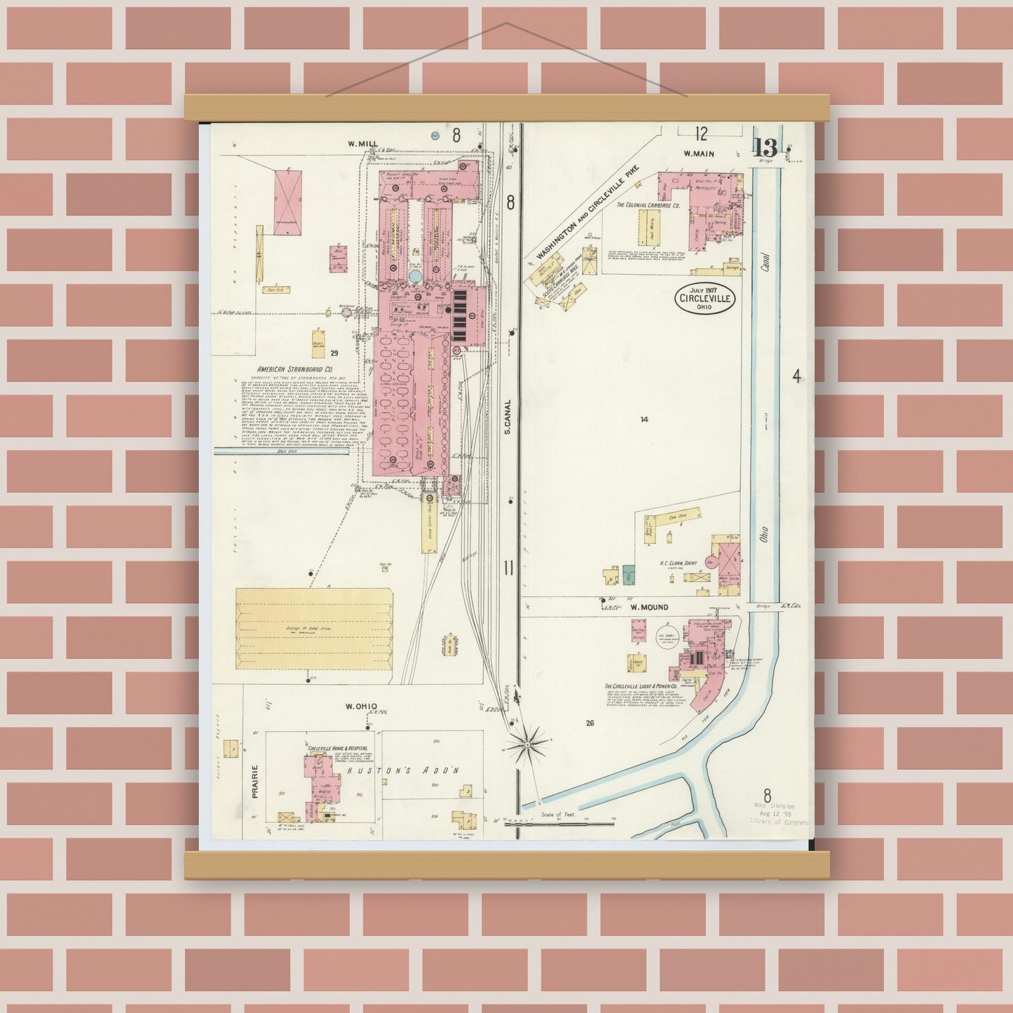 Old map wall art mockup — magnetic wood frame on brick wall — Sanborn Fire Insurance Map from Circleville, Pickaway County, Ohio (1907), Sheet #0013