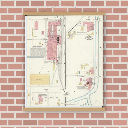 Old map wall art mockup — magnetic wood frame on brick wall — Sanborn Fire Insurance Map from Circleville, Pickaway County, Ohio (1907), Sheet #0013