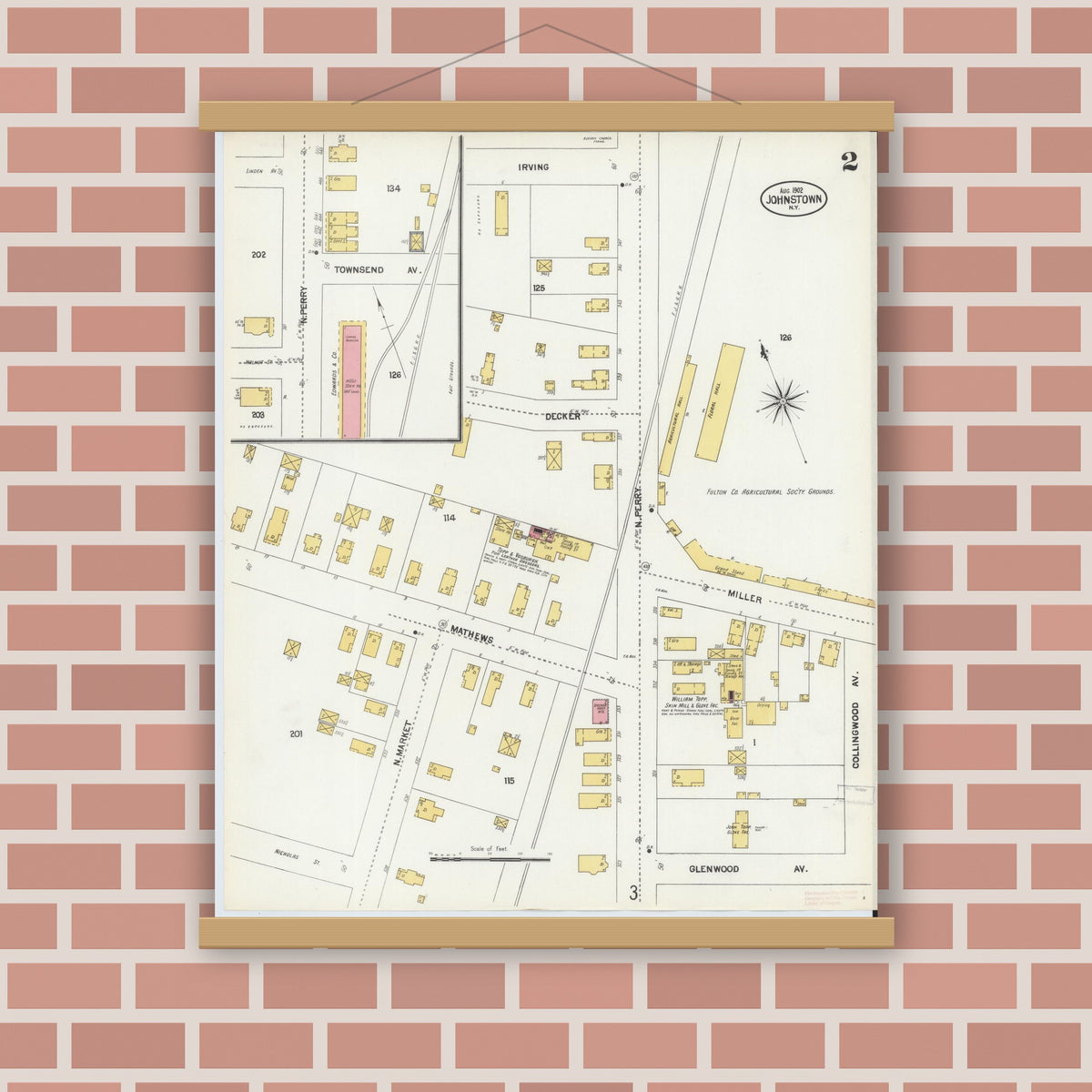 Old map wall art mockup — magnetic wood frame on brick wall — Sanborn Fire Insurance Map from Johnstown, Fulton County, New York (1902) - Complete Map Set
