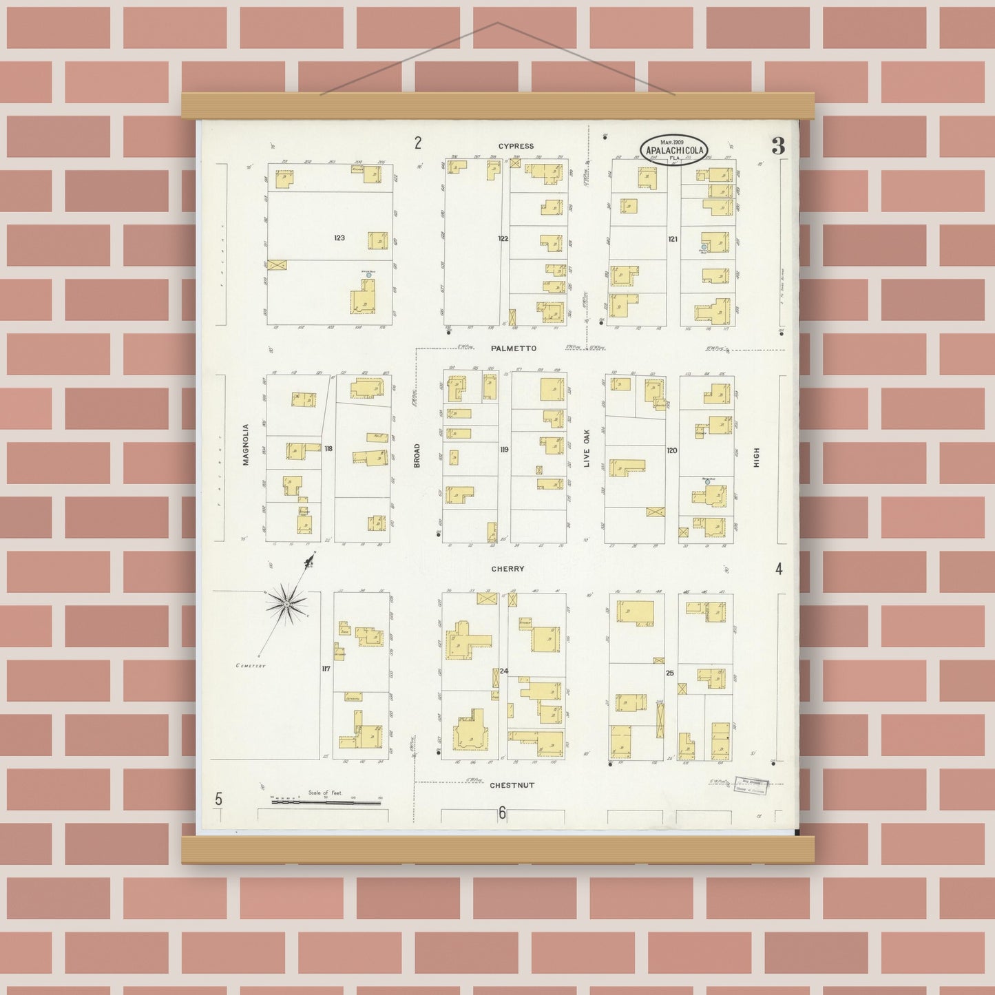 Old map wall art mockup — magnetic wood frame on brick wall — Sanborn Fire Insurance Map from Apalachicola, Franklin County, Florida (1909) - Complete Map Set