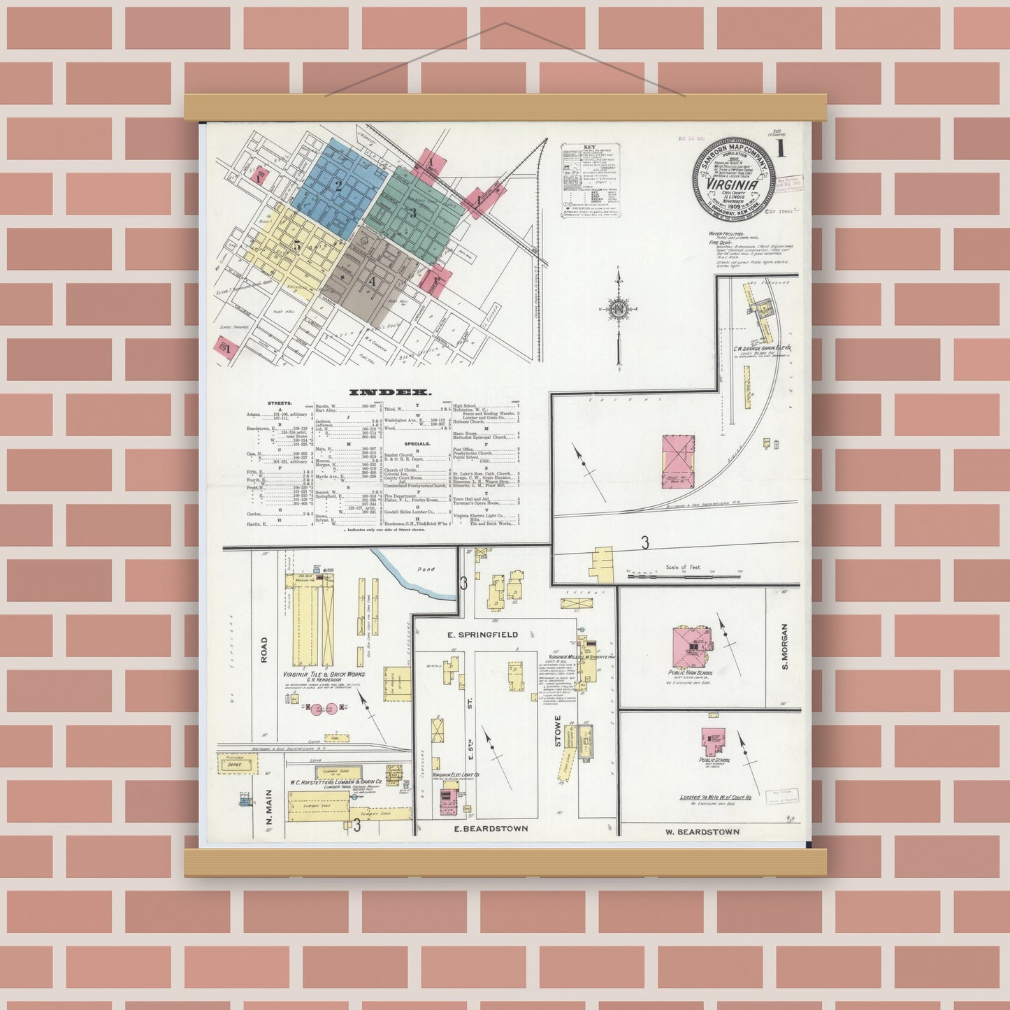 Old map wall art mockup — magnetic wood frame on brick wall — Sanborn Fire Insurance Map from Virginia, Cass County, Illinois (1909) - Complete Map Set