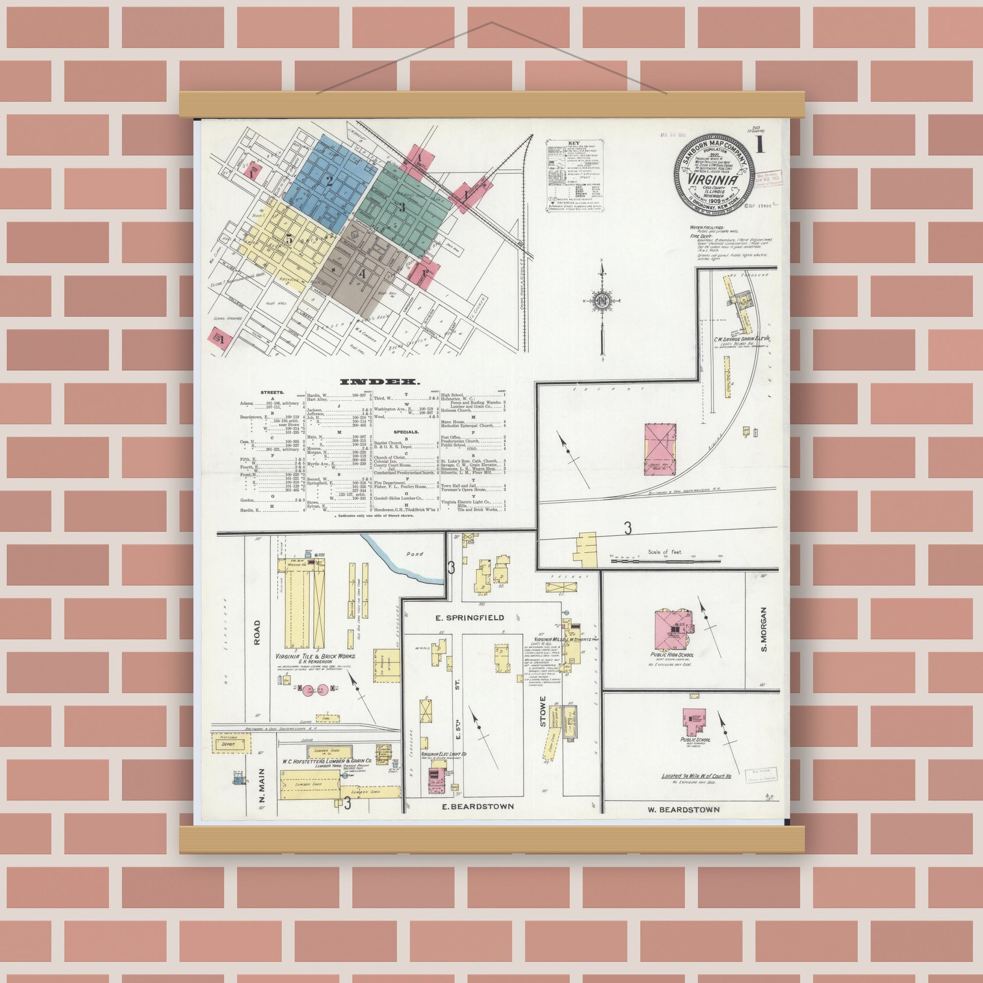 Old map wall art mockup — magnetic wood frame on brick wall — Sanborn Fire Insurance Map from Virginia, Cass County, Illinois (1909) - Complete Map Set