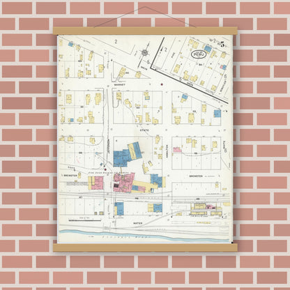 Old map wall art mockup — magnetic wood frame on brick wall — Sanborn Fire Insurance Map from Peru, La Salle County, Illinois (1916), Sheet #0005